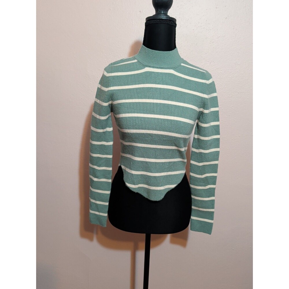 ❤️AE Women's M Sage Stripe Ribbed Mock Neck Crop Long Sleeve Sweater❤️ - Picture 2 of 8